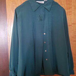 Yves St Clair Vintage Green Pleated Blouse Size 12 Button Down Top